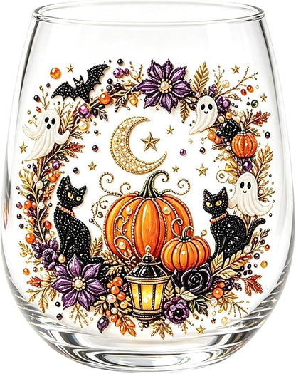 3D Halloween Autumn Glass Art Cup,Stemless Holiday Glassware Collection | Fantasy Fall Witch Wine Glasses,Holiday Printed Table Ornaments,Magical Halloween Home Decor Gifts for Various Beverages