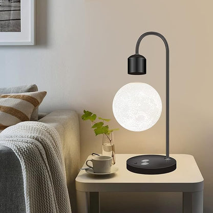 Unique Modern Levitating Moon Lamp with Built-in Qi Wireless Charger, Simplistic and Innovative Design, Warm Decorative LED Light for Home and Office (Black)