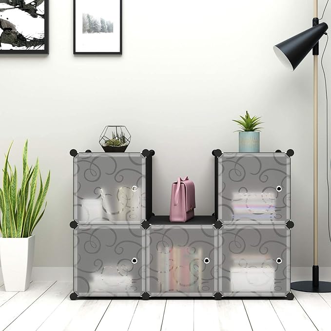 C&AHOME Cube Storage Organizer with Doors, 6-Cube Shelves, Closet Cabinet, DIY Plastic Modular Bookshelf Ideal for Bedroom, Living Room, 36.6”L x 12.4”W x 36.6”H Black SHS3006B-DOOR