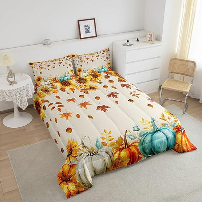 Fall Pumpkin Bedding Set For Home Queen Thanksgiving Harvest Season Fruit Decor Comforter Set Autumn Fall Maple Leaf Quilt Comforter for Kids Teen Adults,Rustic Farm Sunflower Bed Sets 2 Pillow Cases