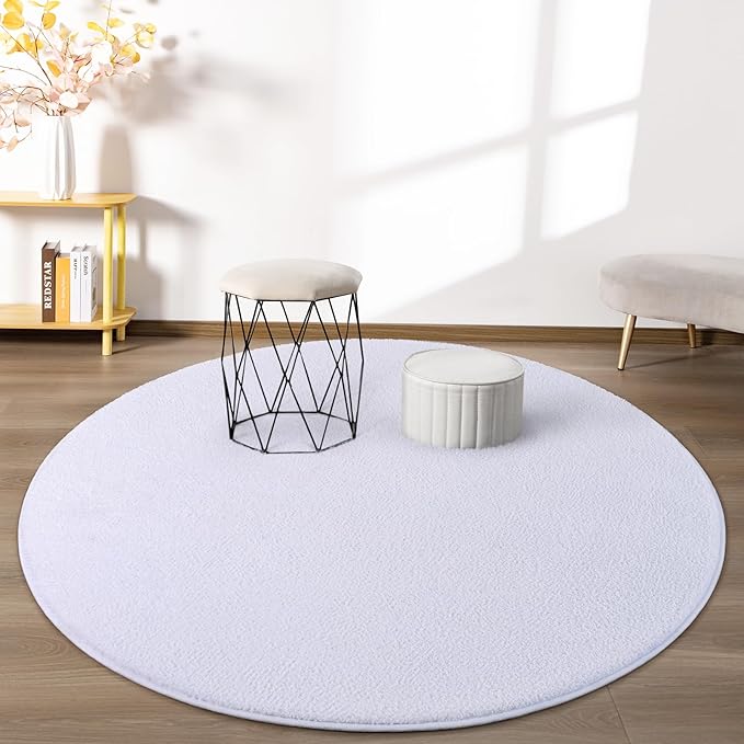 Round Area Rugs for Bedroom Living Room, 4x4 White Super Soft Comfy Thickened Memory-Foam Indoor Circle Carpets, Modern Aesthetic Minimalist Carpet for Boys Girls Adults Nursery Home Décor
