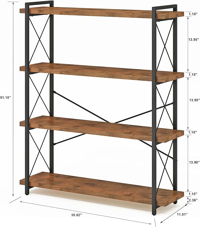 HCHQHS Bookshelf, 4-Tier Industrial Bookcase, Rustic Open Book Shelf, Freestanding Tall Bookshelves with Metal Frame