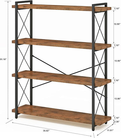 HCHQHS Bookshelf, 4-Tier Industrial Bookcase, Rustic Open Book Shelf, Freestanding Tall Bookshelves with Metal Frame