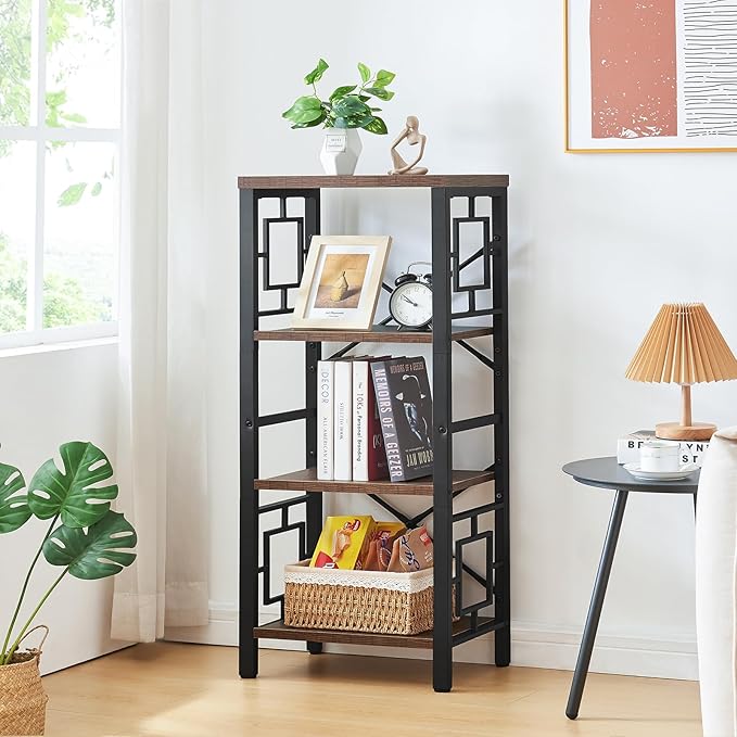 Bookshelf, Vintage Industrial 4 Tier Bookshelf, Freestanding Narrow Bookcase with Rustic Wood and Metal, Small Bookshelf for Home Office, Bedroom & Living Room, Retro Brown