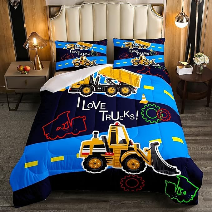 Truck Comforter Set Boys King Bedding Sets Kids Excavator Equipment Truck Down Comforter Construction Vehicle Quilt Duvet Set Cartoon Machinery Truck Gear Duvet Set Bulldozer Tractor Cars,Colorful