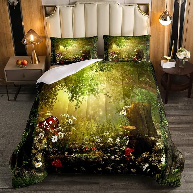 Erosebridal Magical Comforter Set King Size Mushroom Bedding Set Daisy Leaves Branches Sunset Nature Duvet Set Cute Style Quilted Duvet Home Room Decorative