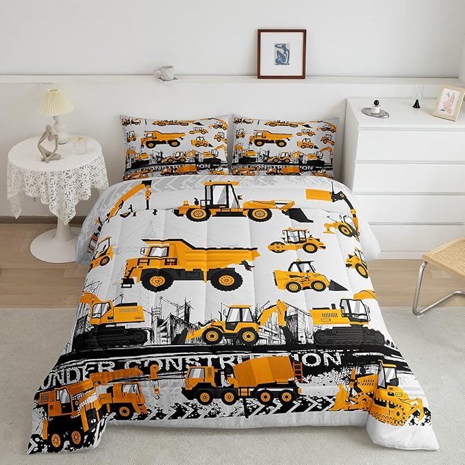 Feelyou Under Construction Comforter Set Vehicles Truck Car Bedding Set for Kids Boys Girls Children Cartoon Excavator Comforter Room Decor Machinery Bulldozer Crane Duvet Set Queen Size