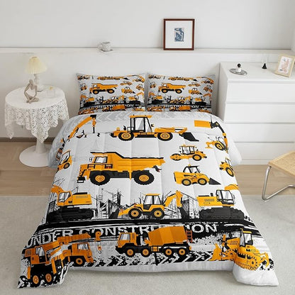 Feelyou Under Construction Comforter Set Vehicles Truck Car Bedding Set for Kids Boys Girls Children Cartoon Excavator Comforter Room Decor Machinery Bulldozer Crane Duvet Set Twin Size