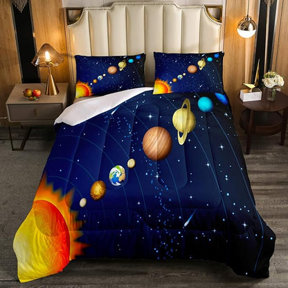 Erosebridal Solar System Comforter Set Twin Outer Space Bedding Set for Kids Boys Teens Universe Planets Down Comforter Galaxy Nebula Starry Sky Cosmos Quilted Duvet, Blue Purple