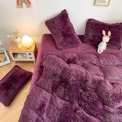 Faux Fur Kids Girls Grape Purple Comforter Sets Queen - 3PC Bed Set Warm Comfortable Soft Plush Flannel Velvet Fluffy Fuzzy Bedding（Comforter x 1 Pillowcases x 2）