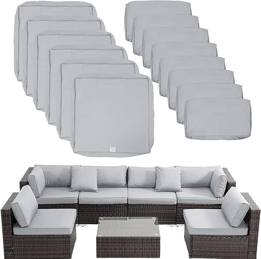ClawsCover 14Pack Outdoor Patio Seat and Back Cushions Replacement Covers Fit for 7Pieces 6-Seater Wicker Rattan Sectional Couch Chair Furniture Set,Gray-Include Cover Only (Large)