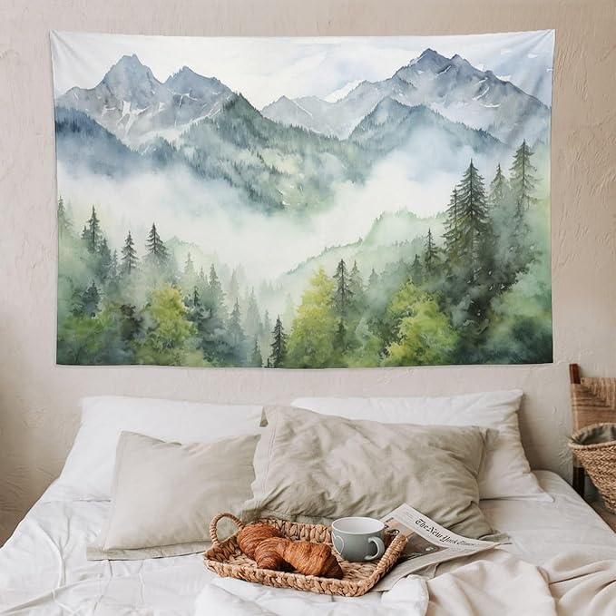 HZOHNAGO Mountain Tapestry Misty Green Forest Mountain Pattern Printed Wall Tapestry Wall Hanging for Bedroom Living Room Dorm 90" W x 60" H