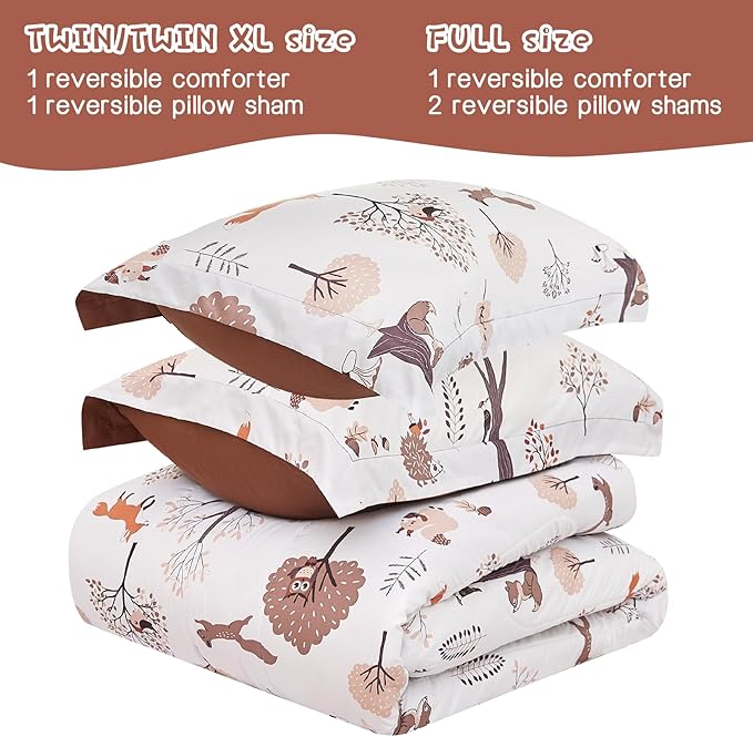 Kids Comforter Set for Boys Girls Full Size, Cute Reversible Quilted Woodland Forest Animal Print Fall Bedding with Pillow Sham, Lightweight Soft Breathable Machine Camping Themed Bed Set 3 Piece