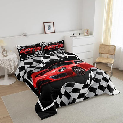 Red Race Car Comforter Set Queen Size, Black White Plaids Geometric Bedding Set 3pcs for Kids Teens Boys Men Room Decor,Extreme Sports Games Racing Flags Quilt Set,2 Pillowcases