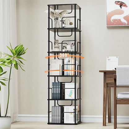 5 Tier Square Rotating Bookshelf, 360 ° Display Stackable Spinning Bookshelf Tower, Space Saving Tall Floor Standing Swivel Bookcase Corner Storage Organizer for Bedroom, Living Room, Black