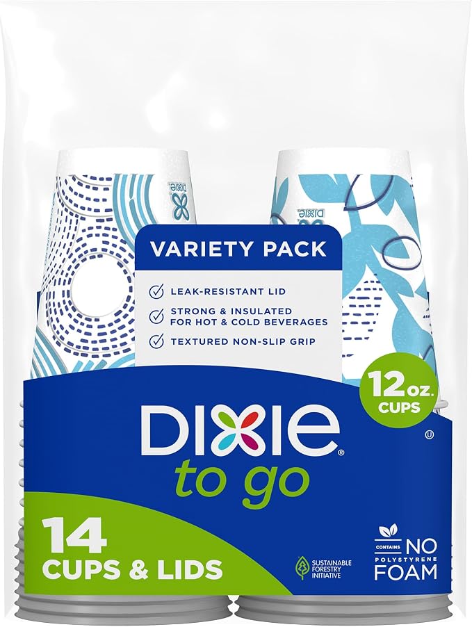 Dixie To Go Paper Coffee Cups With Lids, 12 oz, 14 ct, Disposable Insulated Paper Cups for On-The-Go Hot or Cold Beverages | Medium