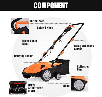 ARNOT Lawn Dethatcher & Scarifier, 2-in-1 Electric Corded Lawn Dethatcher, 13-Inch 12Amp Lawn Scarifier, 3-Position Raking Depth, w/40L Collection Bag & 2 Removable Blades, Orange