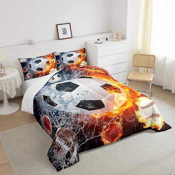 Erosebridal Boys Soccer Bedding Set Football Sports King Comforter Set for Kids Teen Youth Bedroom Decor Lightning Baseball Quilt Duvet Water Fire Basketball Comforter with 2 Pillow Cases Red Blue