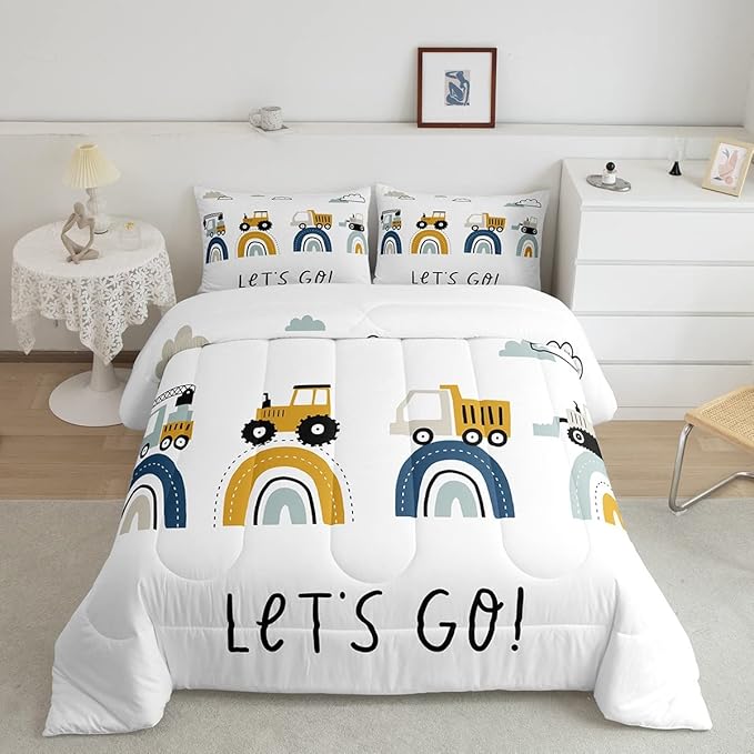 Boys Cartoon Car Comforter Set, Kids Construction Vehicles Comforter for Kids Children Cartoon Rainbow Truck Bedding Set Cute Cars Soft Quilt Set Bedroom Collection 3Pcs Full Size