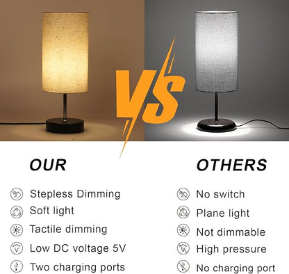Touch Control Desk Lamp with 2 USB Ports, 3-Way Dimmable Bedside Lamp for Bedroom, Nightstand Lamp with Round Flower Fabric Shade for Living Room, Home Office (Brown-single)