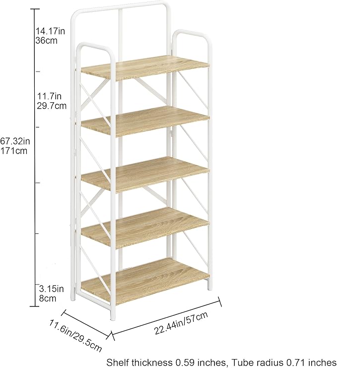 JSB No Assembly Folding Bookshelf, 5 Tier Industrial Metal Book Shelf for Storage, Vintage Wood foldable Bookcase for Living Room, Bedroom, Office Organization Shelves