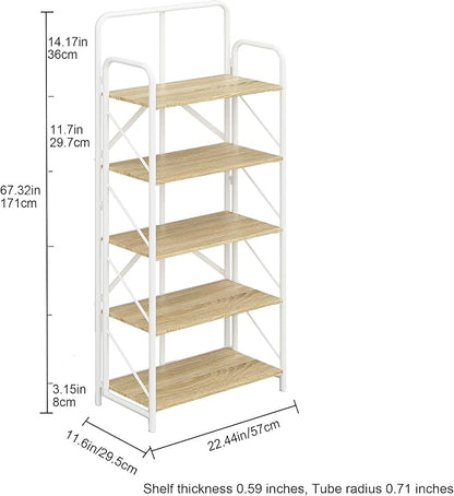 JSB No Assembly Folding Bookshelf, 5 Tier Industrial Metal Book Shelf for Storage, Vintage Wood foldable Bookcase for Living Room, Bedroom, Office Organization Shelves