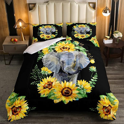Elephant Comforter Set, Yellow Sunflower Down Comforter Queen Size for Kids Girls Teens Adult Bedroom Decor, African Safari Animal Duvet Sets Floral Petal Country Bedding Set with 2 Pillow Cases