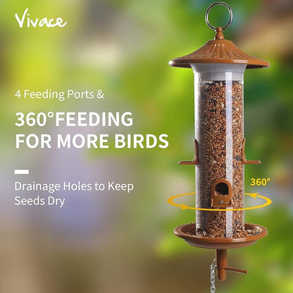 Vivace Hanging Bird Feeders, Easy to Fill 12" Tube Metal Bird Feeder for Outdoors, 4 Ports, with S Hook