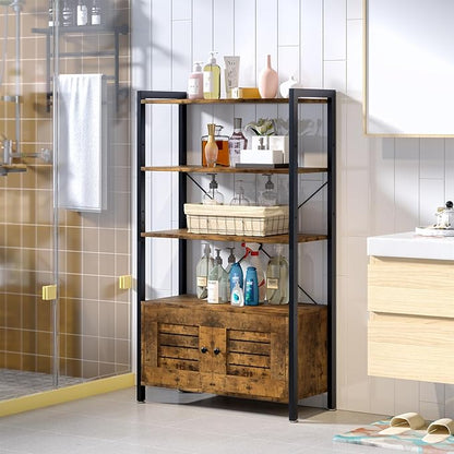 Storage Cabinet with 3 Open Shelves, 1 Cupboard Large Kitchen Industrial Display Standing Shelf, Rustic Brown Wooden and Metal FrameShelf for Living Room, Bedroom, Home Office Organizer