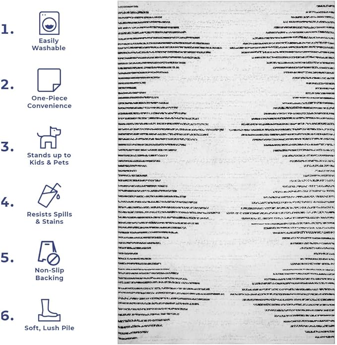 nuLOOM Romina Machine Washable Diamond Stripes Ultra Thin Area Rug, 6x9, White