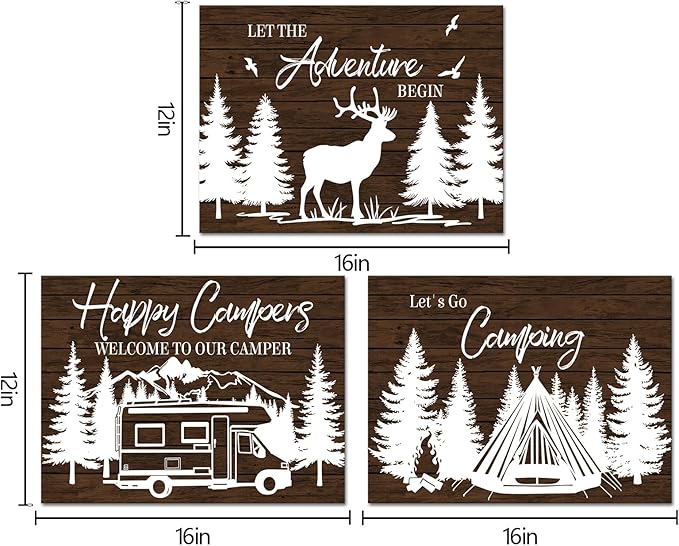 HOMEOART Camper Decor RV Wall Art Happy Campers Adventure Camping Wall Decor Sign, Deer in Forest Farmhouse Cabin Decoration,Framed 12x16inchx3Piece, Rustic Brown