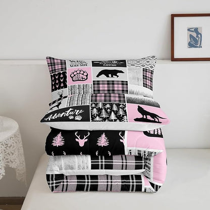 Rustic Farmhouse Comforter Set King Size,Deer Bear Wolf Hunting Animals Bedding Set for Kids Boys Girls Adults Room Decor,Pine Trees Patchwork Down Comforter,Pink Xmas Duvet Insert,2 Pillowcases