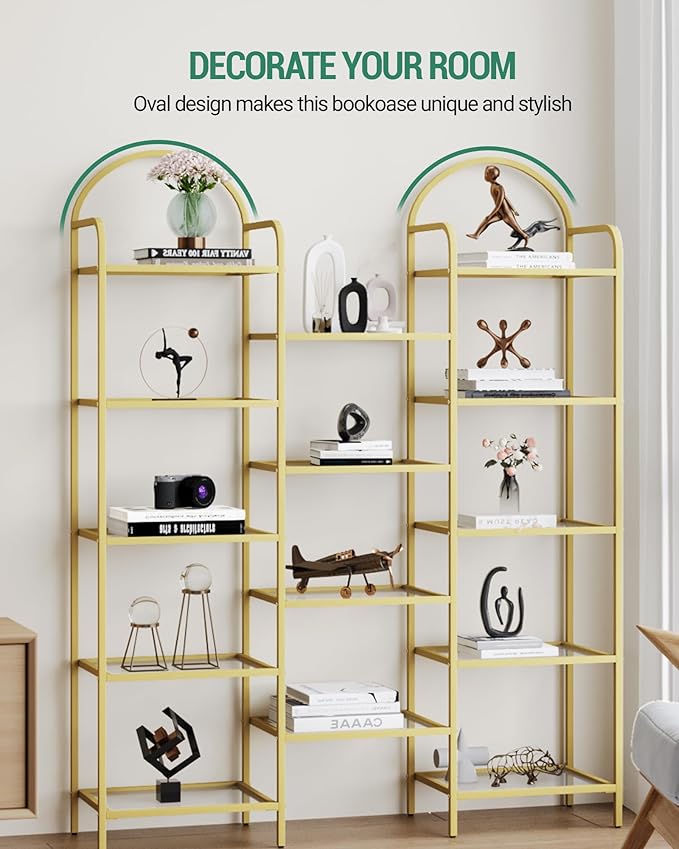 5 tier Bookcase Bookshelf, Tempered Glass Bookshelves, Triple Wide Glass Storage Rack with 14 Open Storage Spaces, Display Shelf for Living Room, Home Office, Bedroom, Gold BC50101G