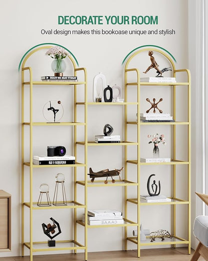 5 tier Bookcase Bookshelf, Tempered Glass Bookshelves, Triple Wide Glass Storage Rack with 14 Open Storage Spaces, Display Shelf for Living Room, Home Office, Bedroom, Gold BC50101G