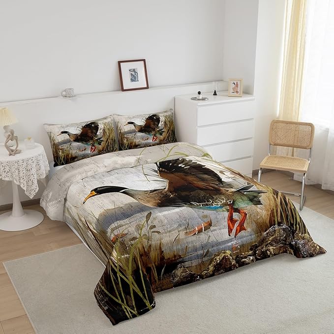 Mallard Duck Bedding Set Boys Girls Wild Duck Hunting Comforter Set for Kids Women Men Soft Lodge Cabin Farmhouse Comforter Quilt Room Decor King Size Duvet Set Boys