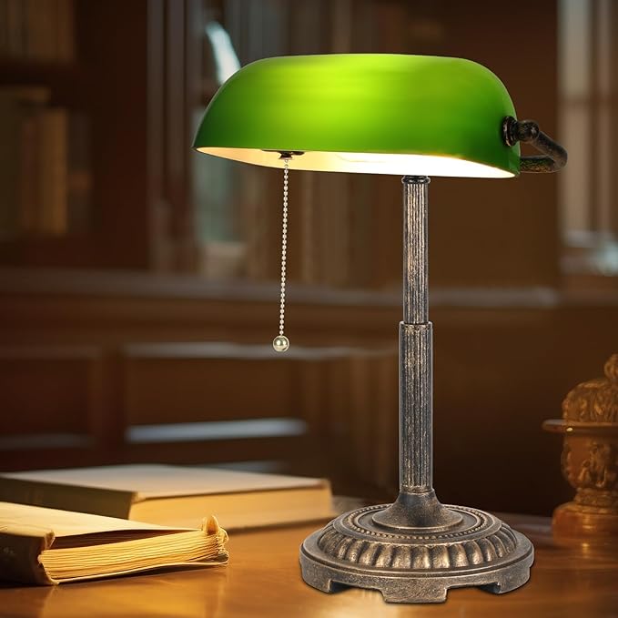Bankers Lamp, Green Desk Lamp with Pull Switch, Vintage Table Lamps for Home Office, Library, Piano LED Bulb Included (Green)