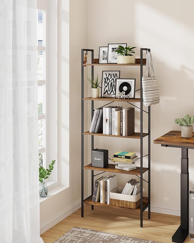 Bookshelf, Book Shelf, Industrial Bookcase with 2 Hooks, Coner Shelf Storage Organizer for Home Office, Living Room, Bedroom, Kitchen, 5-Tier Rustic Brown BC22501B