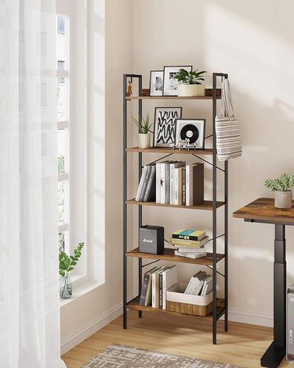 Bookshelf, Book Shelf, Industrial Bookcase with 2 Hooks, Coner Shelf Storage Organizer for Home Office, Living Room, Bedroom, Kitchen, 5-Tier Rustic Brown BC22501B