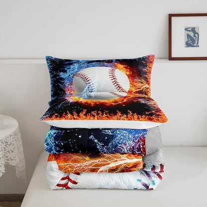 Baseball Comforter Set Full Size Sports Theme Down Comforter Kids Teens Boys Fire and Ice Sports Baseball Quilted Duvet,Decoration 3 Pcs Bedding Comforters (1 Comforter Set +2 Pillowcases) Red Blue