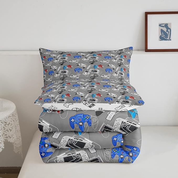 Games Comforter Set Queen Video Games Gaming Bedding Comforters, Boys Teens Games Room Decor Reversible Bedding Set for All Season Home Decoration, Game Controller Pattern Down Comforter, Grey White