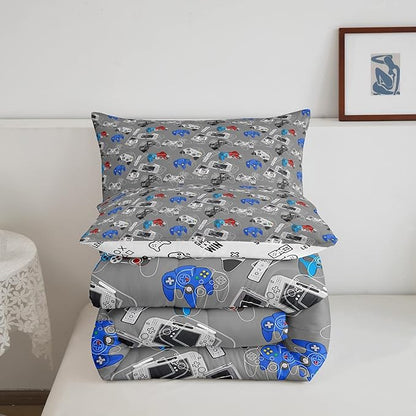 Games Comforter Set Queen Video Games Gaming Bedding Comforters, Boys Teens Games Room Decor Reversible Bedding Set for All Season Home Decoration, Game Controller Pattern Down Comforter, Grey White
