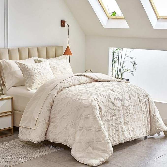 7 Pieces Tufted Bed in a Bag King Comforter Set with Sheets Beige, Soft and Embroidery Shabby Chic Boho Bohemian, Luxury Solid Color with Diamond Pattern, Jacquard Tufts Bedding Set for All Season