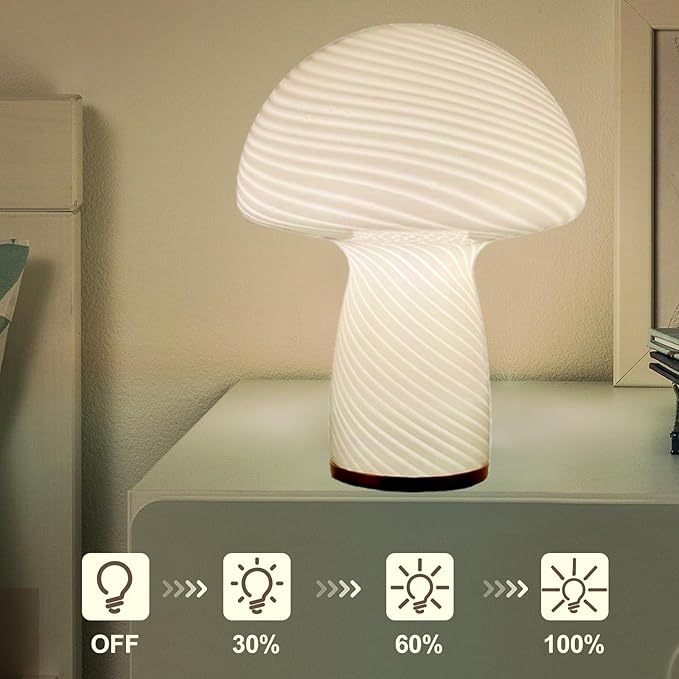 Mushroom Lamp,Glass Table Bedside Lamps,Translucent Vintage Style Striped Small Night Mushroom Decor Light for Ambient,Kids,Bedroom,Living,Gift (Stripe White)