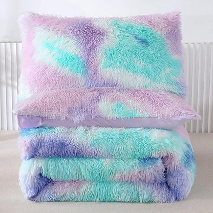 WINLIFE Shaggy Bedding Comforter Set Faux Fur Flannel Furry Comforter Plush Comforter Sets Pastel Gradient Ombre Tie Dye Purple Blue Teal Bedding for Girls Adults (3Pcs, Twin, Teal Purple)