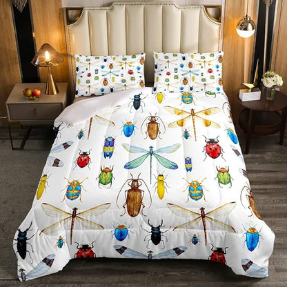 Erosebridal Kids Dragonfly Down Comforter, Ladybug Insect Comforter Set King Size for Children Boys Girls Teens, Reptile Pattern Bedding Comforters Colorful Lightweight Duvet Insert Bed Decorative
