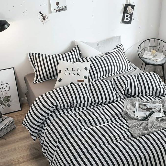 White&Black Stripes Comforter Set Full Women Bedding Set Soft Durable White Striated Bedding Set Black Stripes Ticking Quilts Hotel Quality Comforter Set Girls boy White Black Stripes Bed Set