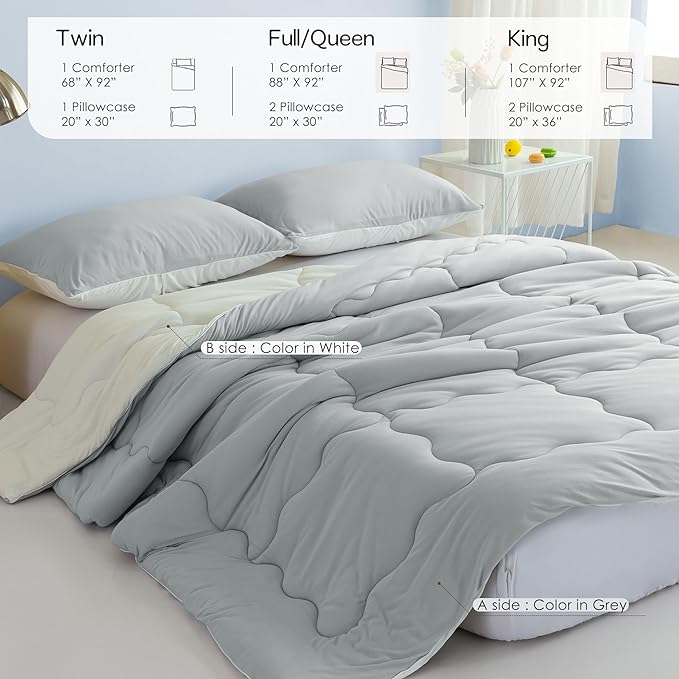 COTTEBED Ultra-Soft Reversible Comforter Set Twin Sized, Jersey Knit T-Shirt Feel Lightweight Cozy Bedding Blanket Quilt for Boy Kids Girl School College Dorm All Season(Twin/TwinXL Light Grey White)