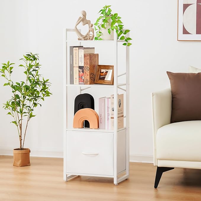 Yoobure Bookshelf, 4 Tier Book Shelf with Drawer, Small Bookcase Narrow Book Case, Industrial Bookshelves Shelf for Bedroom Living Room Office, Book Storage Organizer for CD/Movie White