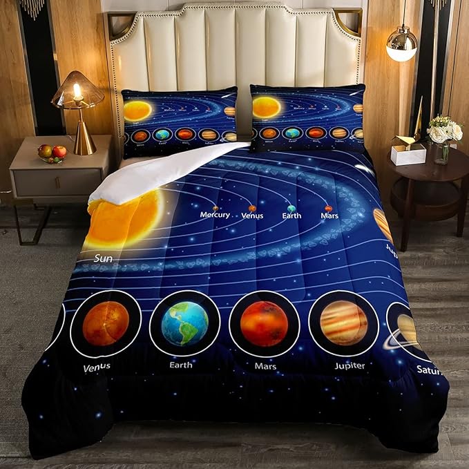 Solar System Comforter Set Full Galaxy Bedding Set Outer Space Down Comforter Kids Boys Girls Starry Sky Universe Planets Duvet Set Room Decor Super Soft Astronomy Quilt Duvet Insert, Blue