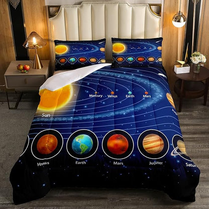 Solar System Comforter Set Full Galaxy Bedding Set Outer Space Down Comforter Kids Boys Girls Starry Sky Universe Planets Duvet Set Room Decor Super Soft Astronomy Quilt Duvet Insert, Blue